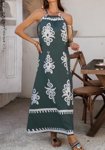 Image of Sulozom Summer Maxi Dresses for Women 2025 Casual Floral Halter Sleeveless Boho Dress Flowy Beach Vacation Outfits