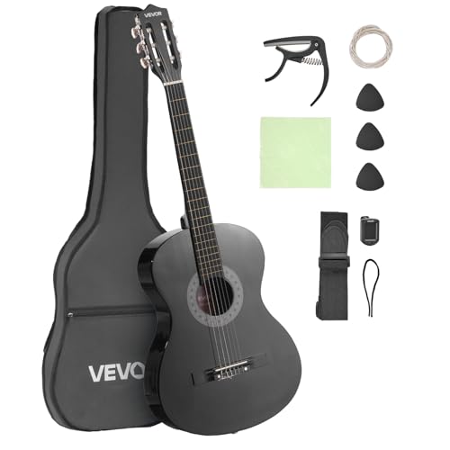 VEVOR 38 Inch Beginner Acoustic Guitar, Classical Guitar Full Starter Kit with Nylon Strings, Gig Bag, Strap, Tuner, Extra Strings, Pick, Capo, for Teenagers Adults Students Youth, Black