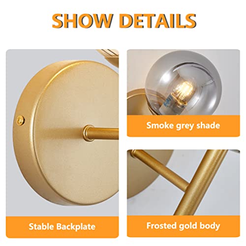 Image of BOKT 2-Light Plug in Wall Sconce with Smoky Gray Glass Shade Modern Globe Wall Sconce Bedside Lamp for Bathroom Bedroom Corridor