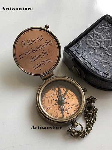 Brújula antigua de latón con estuche de cuero miniatura 5
