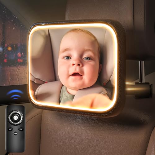 Image of Semxnly Baby Car Mirror with Light - Rechargeable Baby Mirror for Car with Remote Control, Clear Vision, 360° Rotation Rear Facing Car Seat Mirror, Shock and Shatter Resistant