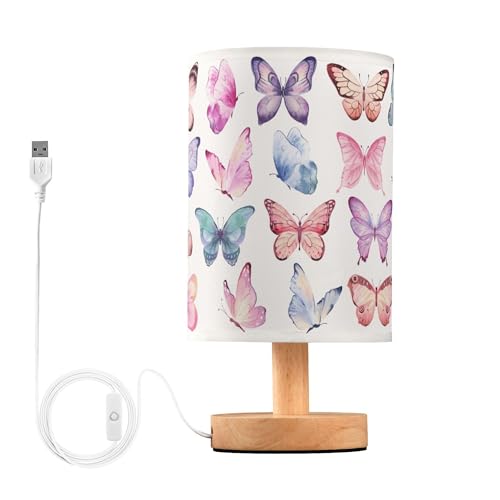 Image of YYZZH Table Lamp Colorful Butterflies Pink Blue Butterfly Nightstand Lamp with Wood Base Fabric Lamp Shade Bedside Desk Lamp for Living Room Bedroom Kids Room Office