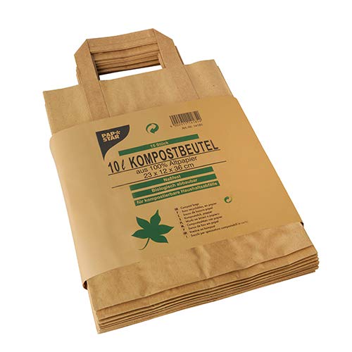 PAPSTAR 15 Kompostbeutel aus Papier mit Henkel 10 l 28 cm x 22 cm x 14 cm braun Bedruckt, Sie erhalten 20 Packungen á 15 Stück (insgesamt 300 Stück)
