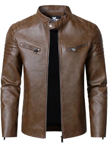 HOOD CREW Men’s Faux Leather Motorcycle Jackets Stand-up Collar Leather Jacket Vintage Coats Outwear