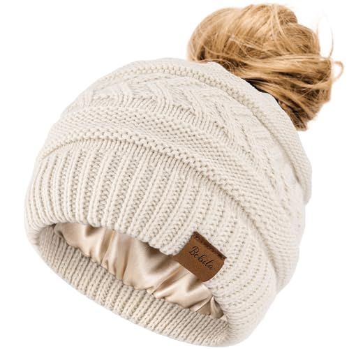 Bebila Ponytail Beanies for Women Smooth Satin Liner Winter Knit Hat with Ponytail Hole for Running Workouts Oatmeal