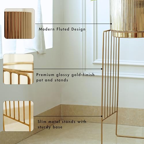 Image of BEHOMA Gold Metal Floor Planters with Stands Set of 2 | Modern Tall Planter for Home Decor, Decorative Plantpot for Living Room, Big Plant Stand with Pots