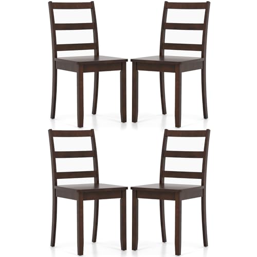 Image of COSTWAY Dining Chairs Set of 4, Mid-Century Modern Wooden Chairs, Brown | Farmhouse Armless Kitchen Side Chairs with Curved Backrest and Rubber Wood Legs, for Home Dining Room, Kitchen, Restaurant