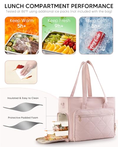Marscamd Teacher Tote Bag with Lunch Compartment, File Organizer Pocket, 15.6\" Laptop Compartment, Crossbody Strap, School Work Bag for Women - Pink