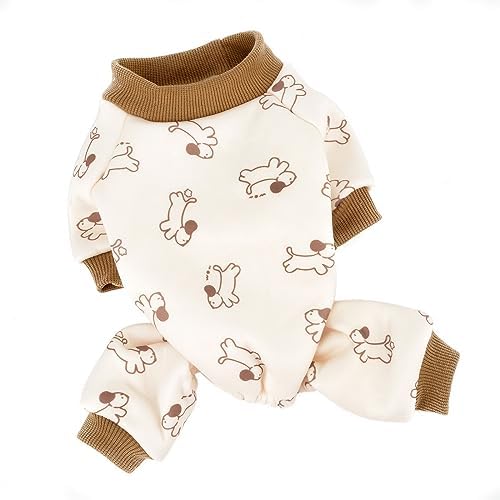 PAIDEFUL Small Dog Fleece Pajamas Cartoon PJS Fall Winter Pet Jammies Soft Comfortable Four-leg Jumpsuit Puppy Apparel Pullover Jumper Cat Costume, Cream, S