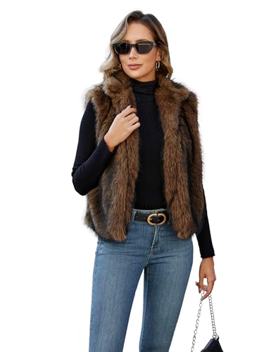 Womens Faux Fur Vest Stand Collar Sleeveless Open Front Cardigan Top Fuzzy Coats Jacket Fluffy Outwear with Pockets