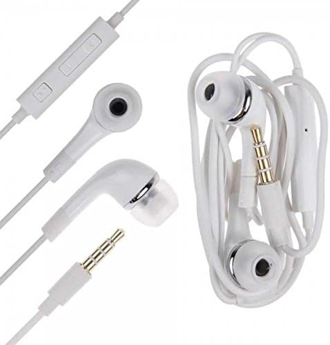 Close-up of the Samsung EHS64AVFWE white earbuds and the 3.5mm audio jack.