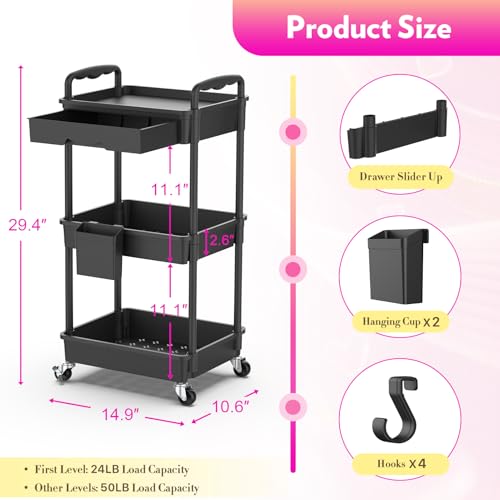 Image of SUNALLY Makeup Cart Organizer with Drawer,3 Tier Rolling Makeup Cart, Black