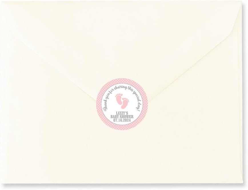 Personalized Pink Baby Shower Thank You Labels, 63pc Baby Footprints 1" Round Stickers - BB7 - Image 3