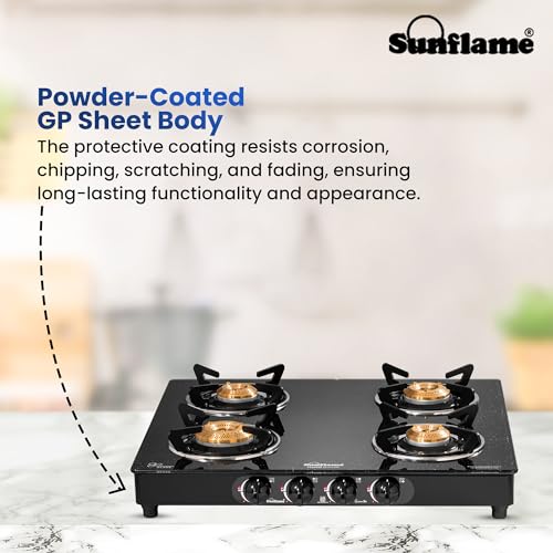 Image of Sunflame Granito 4 Burner Gas Stove | 1 Jumbo, 1 Medium and 2 Small Brass Burners | 2 Years Product Coverage by Sunflame | Granite Finish Glass Top | Easy to Maintain | PAN India Presence| Black