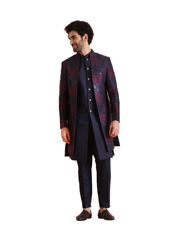 Mens Jacket Sherwani Trouser Set|Silk Blend Fabric Jacquard Pattern Indo-Western Sherwani with Waistcoat and Trouser Set|Regular Fit Mandarin Collar Long Sleeves-image-10