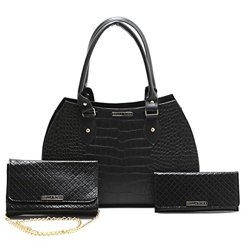 Bolsa Feminina Pasta Grande De Ombro + Bolsa Pequena Festa Clutch Transversal + Carteira Feminina (Preto)