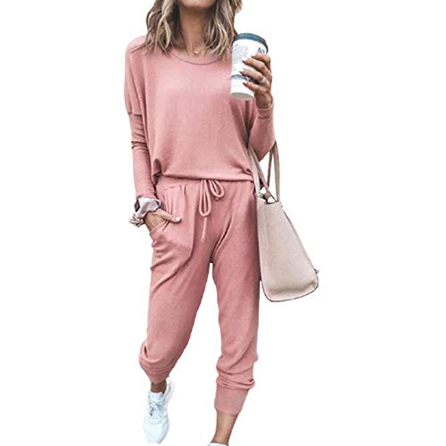 Women Solid Two Piece Outfit Long Sleeve Crewneck Pullover Tops + Long Pants Sweatsuits Tracksuits Set (Pink, M)