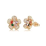 Austrian Crystal Flower Stud Earrings for Women 925 Sterling Silver Hypoallergenic Fashion Jewelry (Colorful Main Crystal)