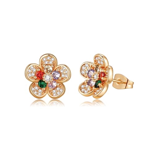 Austrian Crystal Flower Stud Earrings for Women 925 Sterling Silver Hypoallergenic Fashion Jewelry (Colorful Main Crystal)