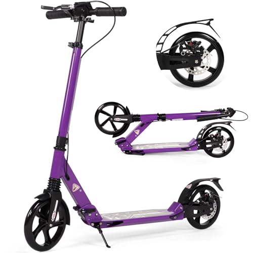 Foldable Kick Scooter for Kids Ages 8-12, 200mm Big Wheels Scooter for Adults with Disc Brakes, Adult Scooters with Carry Strap and Height Adjustable for Teenagers 11-15 (Purple)