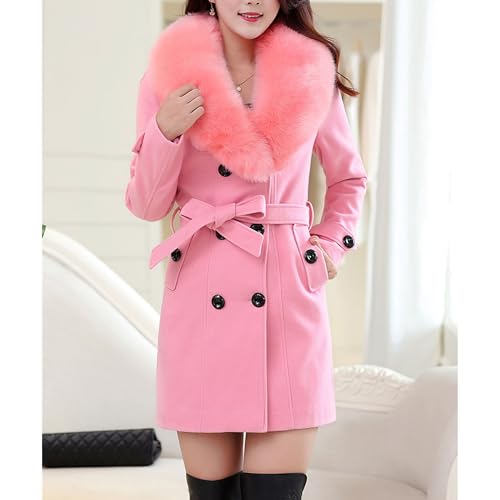 Maiyifu-GJ Women's Faux Fur Lapel Double Breasted Wool Trench Coat Winter Warm Mid-length Coat Jacket Overcoat with Belt3