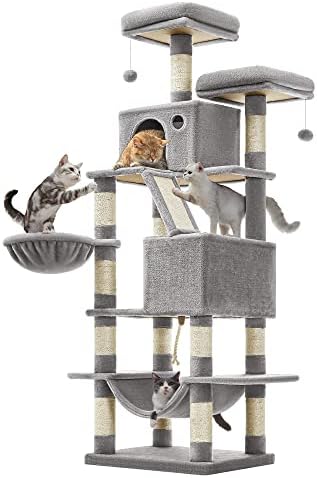 Feandrea Árbol para Gatos Grandes, Torre de Gatos de 168 cm de Altura con 13 Poste, 2 Plataformas, 2 Cuevas, Cesta, Hamaca, Pompón, Rascador Multinivel, Gris Claro PCT165W01