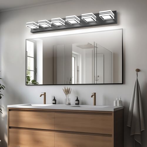 Image of SOLFART Modern Black Vanity Lights Fixtures: 6 Lights Acrylic LED Matte Black Vanity Lights for Bathroom 39inch