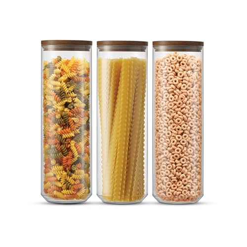 JoyJolt Holden 72oz Stackable Glass Storage Containers with Lids, Large Kitchen Food Storage Canisters with Acacia Wood Lids, Airtight Canister Set of 3 for Pasta Sugar Flour, Pantry Organization