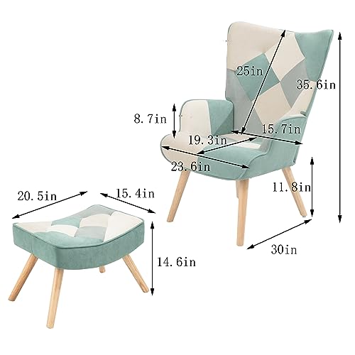 Dolonm Accent Chair with Ottoman Set Modern Lounge Wingback Armchair with Footrest Single Sofa Reading Chair with Solid Wood Legs for Bedroom Living Room (Blue) - Image 4