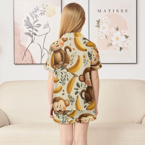 Satin Pajama Sets Short Sleeve Cute Monkey Banana Leaf Button Down Silky Nightwear 2 Piece PJS 5Y,4