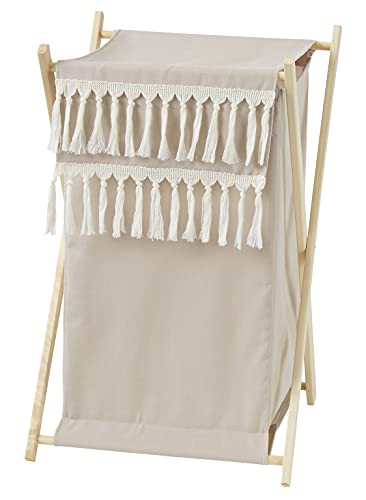 Image of Sweet Jojo Designs Boho Fringe Baby Kid Clothes Laundry Hamper - Gender Neutral Beige Tan Taupe Linen Tassel Macrame for Bohemian Woodland Farmhouse Botanical Leaf Collection