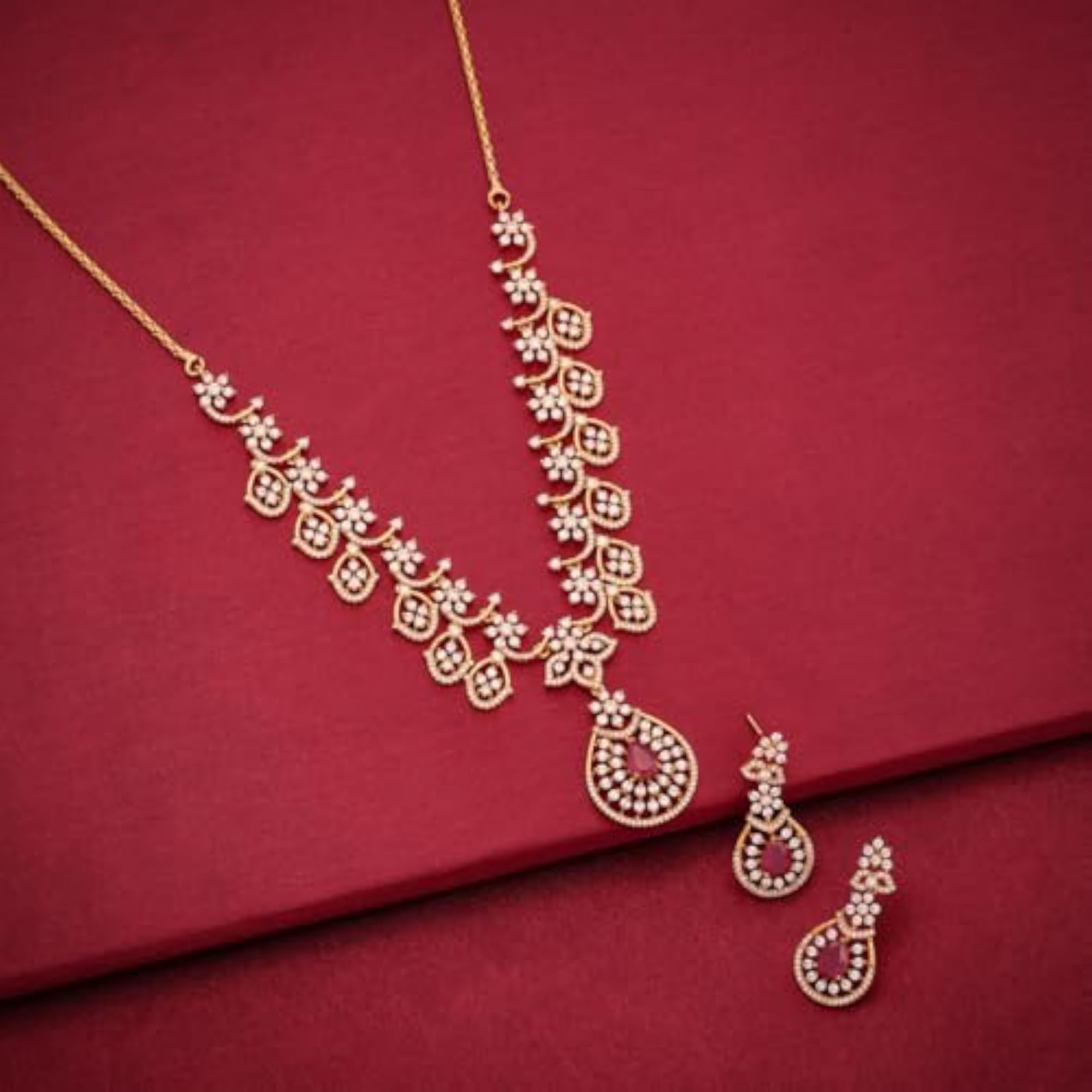 Women's Ruby Gold Polished Copper Zircon Necklace & Earrings Set