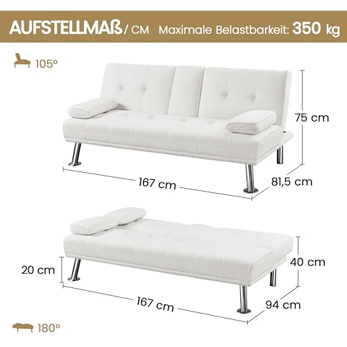 Yaheetech Schlafsofa für max. 3 Personen Gästebett Couch Sofa mit Schlaffunktion Tagesbett Bettsofa Schlafcouch Sofabett Polstersofa bis 350 kg belastbar Elfenbeinen – Bild 3