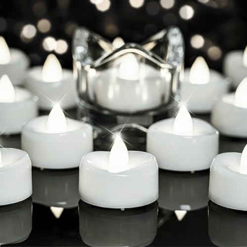 Image of merrynights LED Candles, Tea Lights Candle Battery Operated, 24-Pack 200+Hours Flameless Tealight Candle, Realistic Tea Lights for Halloween Christmas Wedding, Pure White Light