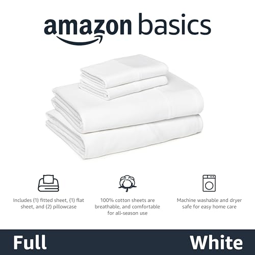 Image of Amazon Basics 100% Cotton Jersey Bed Sheet Set, Full, White, Solid