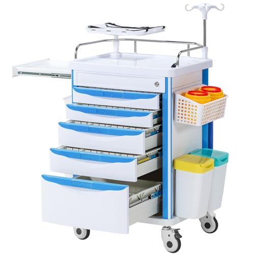 5-Tier Medical Cart, Hospital Emergency Rolling Crash Carts with Adjustable IV Pole, Silent Casters, Trash Bin & O2 Holder, Needle Disposal Holder - Ideal Nursing Trolley for Clinics, Hospitals