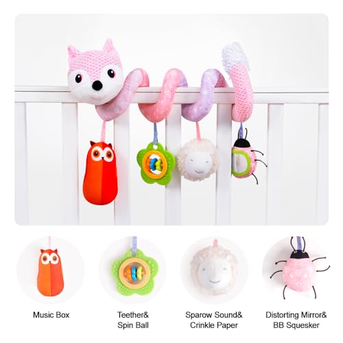 Image of Koty Car Seat Toys, Infant Baby Spiral Plush Activity Hanging Toy for Stroller Bar Pram Crib with Music Box BB Squeaker & Rattles(Pink Fox)