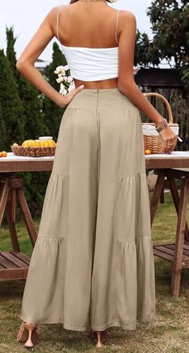 Cotton Linen Wide Leg Palazzo Pants for Women Boho Loose Elastic High Waist Ruffle Tiered Smocked Flowy Trousers3