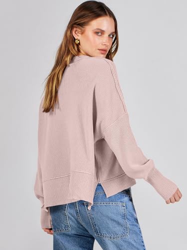 Image of ANRABESS Womens Cropped Sweaters Oversized Crewneck Long Batwing Sleeve Side Slit Ribbed Knit Pullover Tops 2025 Fall Clothes Small Pink