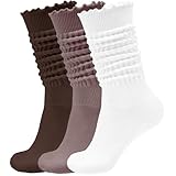AugRing Women’s Ruffle Slouchy Socks 3 Pack Retro Cute Frilly Scrunch Knee High Cozy Cotton Long Boot Chunky Socks Size 6-11 (US, Alpha, One Size, Regular, Regular, 3 Pairs White/Khaki/Brown)