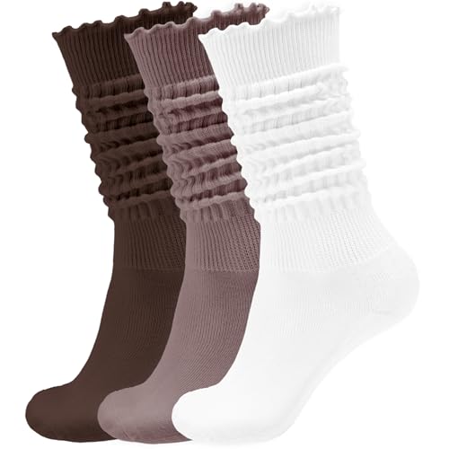 AugRing Womens Ruffle Slouchy Socks 3 Pack Retro Cute Frilly Scrunch Knee High Cozy Cotton Long Boot Chunky Socks Size 6-11 (US Alpha One Size Regular Regular 3 Pairs White/Khaki/Brown)