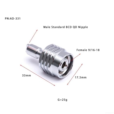 Dive Regulator Adaptor Connection Quick Release AD-331 Brass Threaded Connector for Scuba Gear LP Port 16-9-18 Female to for bcd Male Silver Lightweight