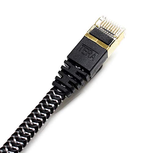 Tera Grand - 50Ft - Cat7 10 Gigabit Ethernet Ultra Flat Patch Cable For Modem Router Lan Network - Braided Jacket, Gold Plated Shielded Rj45 Connectors, Faster Than Cat6A Cat6 Cat5E, Black & White #TOP1