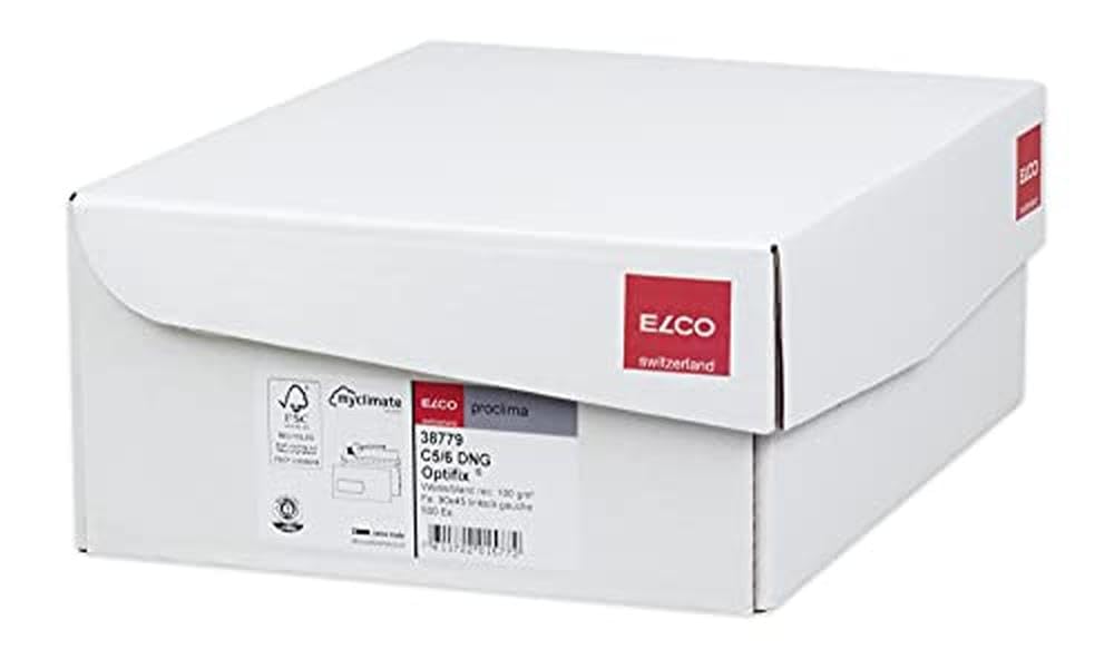 ELCO 38779 Proclima Box mit Deckel und 500 Briefumschläge/Versandtasche, Haftklebeverschluss, 100g, weiss recycl, Fenster: ja C5/6 din lang (229x114mm)