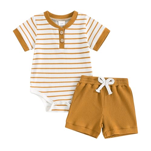 Image of Molgkyo Newborn Baby Boy Girl Clothes Set Ribbed Short Sleeve Striped Romper Top Solid Color Shorts Sets 2Pcs Summer Outfits