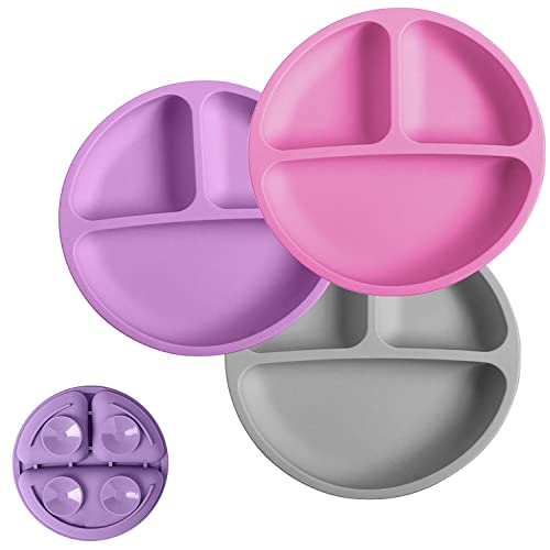 Silikong Suction Plate for Toddlers | BPA Free, 100% Food-Grade Silicone | Microwave, Dishwasher and Oven Safe | Stay Put Divided Baby Feeding Plates (3, Pink/Purple/Grey)