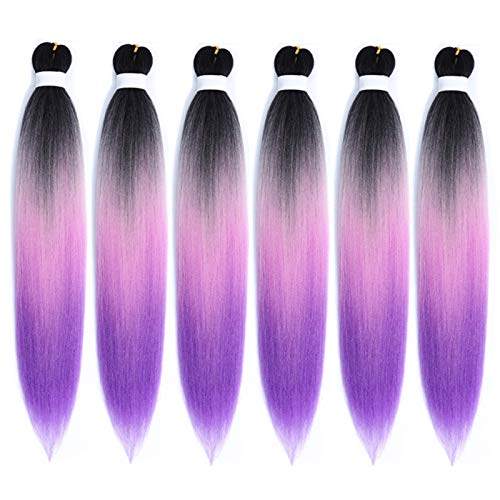 Pre-stretched Braiding Hair Professional Itch Free Ombre Synthetic Fiber Corchet Braids Yaki Texture Hair Extensions Twist Braid 6 packs(Black Light Pink Dark Purple)