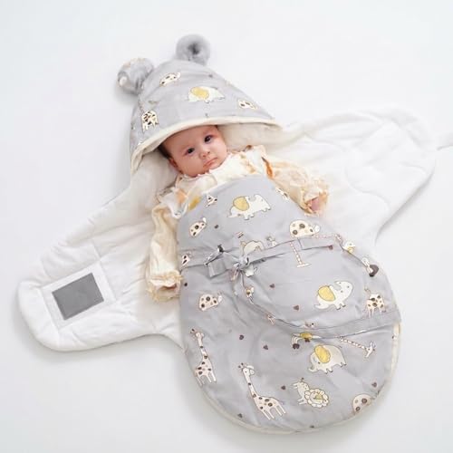 Image of VoiDrop Baby Swaddle Wrap for Newborn 0 to 9 Months, Baby Sleeping Bag with Hood, Muslin Swaddle for All Season, Animal Print -Grey