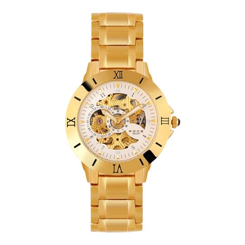 Image of Foce Men's Automatic Golden Stainless Steel Chronograph Watch, White Skeleton (See-Through) Dial, Magnetic Health Monitor, Two-Tone Golden Stainless Steel Strap, Limited Edition, Model F979GGM-WHITE