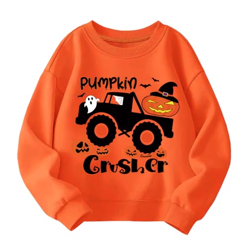 QHKEPW Halloween Kids Clothes Pumkin Crusher Bat Monster Truck 7-8 Years Girls Boys Jumper Toddler Top Long Sleeve Round Neck Cotton Casual Sweatshirt T Shirt Orange
